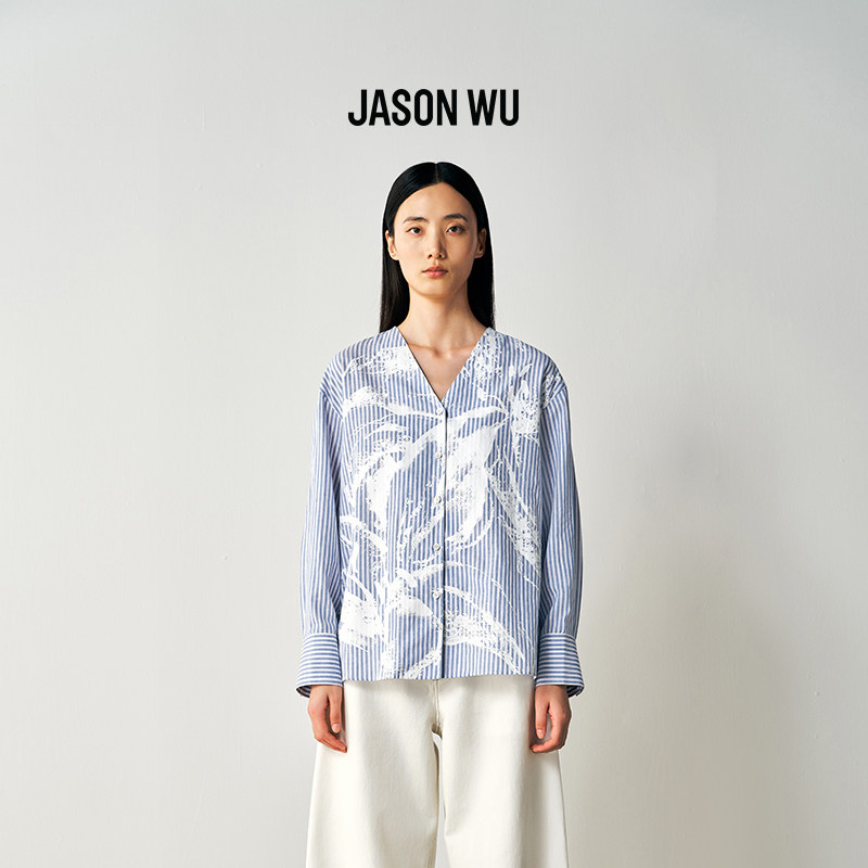 JASON WU2026年夏季新款百合花条纹衬衫长袖百搭款V领宽松上衣