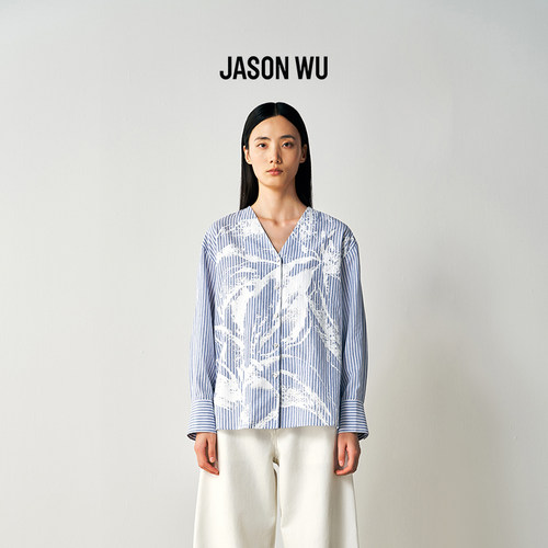 JASON WU2026年夏季新款百合花条纹衬衫长袖百搭款V领宽松上衣