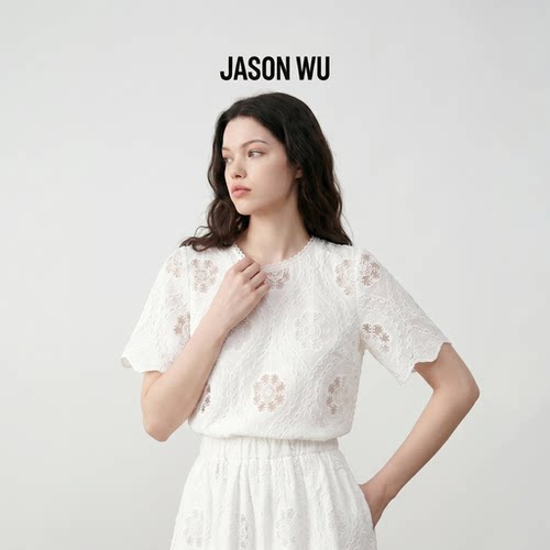 JASON WU-J系列棉感蕾丝刺绣镂空小衫上衣女