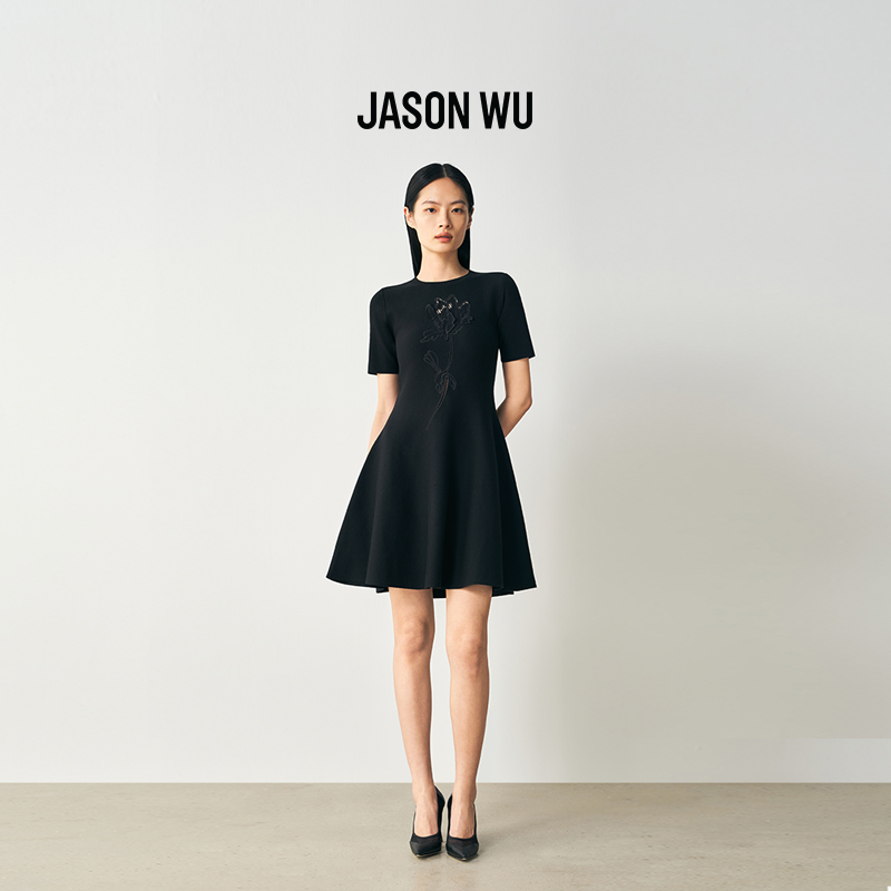JASON WU2026年春季新款刺绣圆领短袖连衣裙气质简约修身A字裙