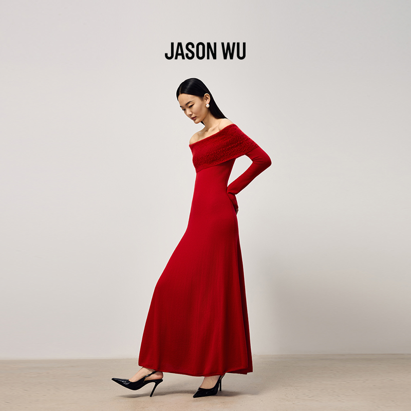 【真丝羊毛】JASON WU2025秋冬新款气质优雅修身一字肩连衣裙裙子