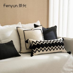 芬允【中古风】黑白色抱枕毛巾绣沙发靠枕高级感别墅民宿床头靠垫