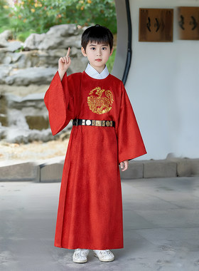 元旦儿童汉服男童圆领袍红色长衫