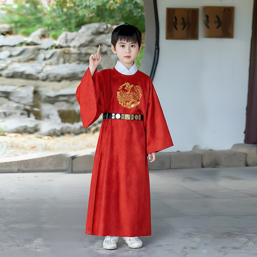 元旦儿童汉服男童圆领袍红色长衫