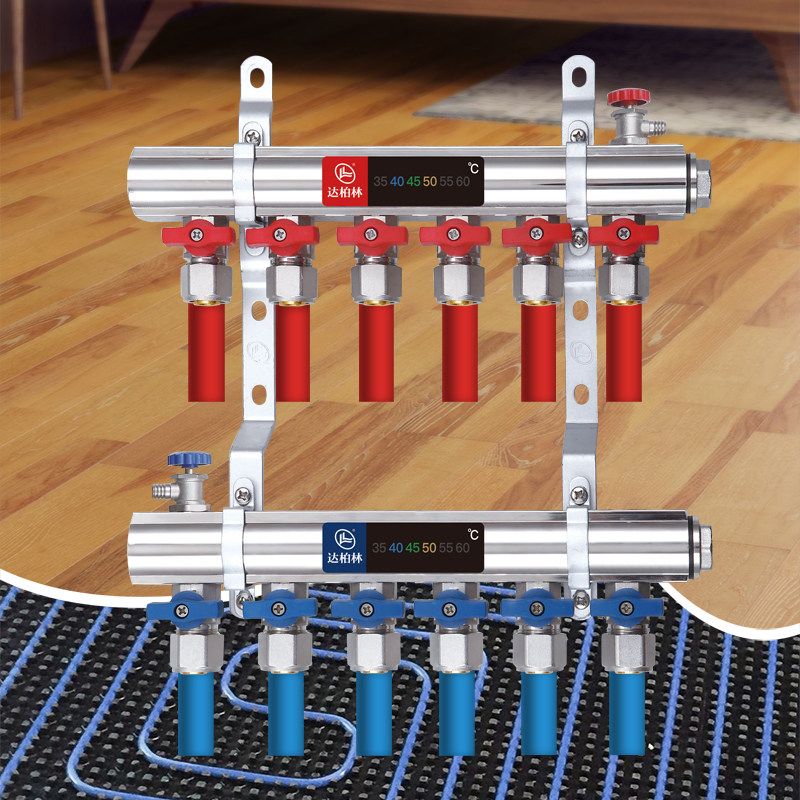 达柏林黄铜2路分水器大流量家用一体地暖供热总成加厚全铜集水器