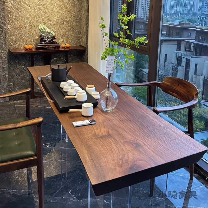 北美黑胡桃木茶桌实木大板新中式禅意泡茶桌子原木阳台设计师茶台