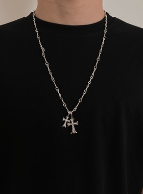 钛钢镶钻十字架中性钛钢项链