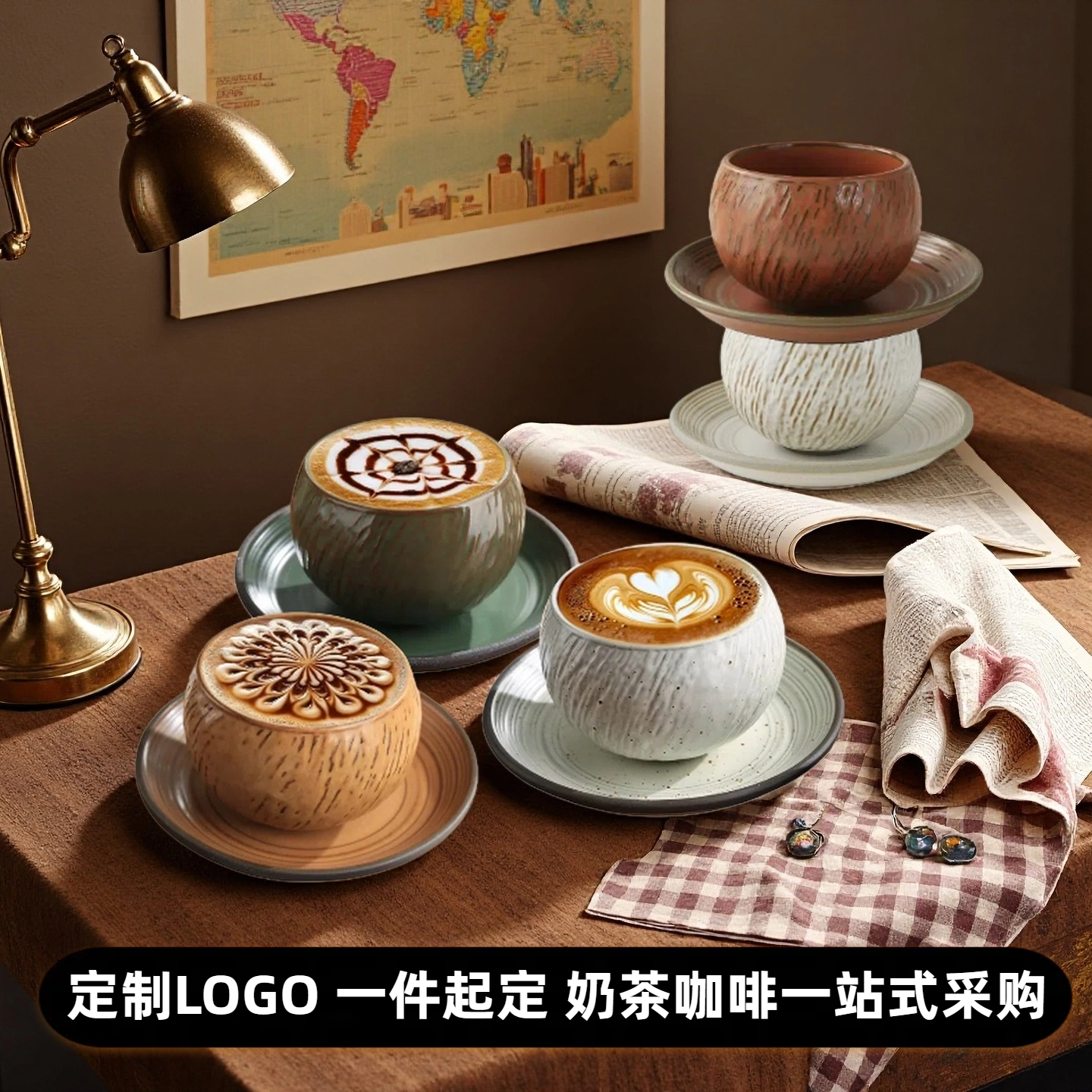 定制椰壳球形咖啡杯碟套装精致复古陶瓷拉花杯高档轻奢拿铁杯茶杯