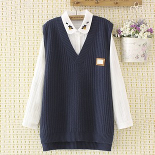 贴标开叉毛线坎肩外搭 韩版 微胖大码 v领针织马甲背心女秋胖mm春装