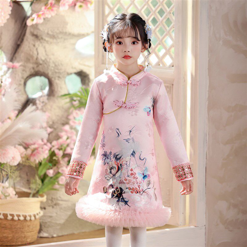女童洋装2025秋冬新款中国风旗袍公主裙小女孩新中式新年拜年服