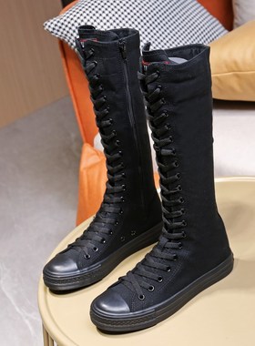 2021新款靴帮全黑色帆布鞋女侧C拉链舞蹈纯黑鞋街拍平底休闲鞋韩