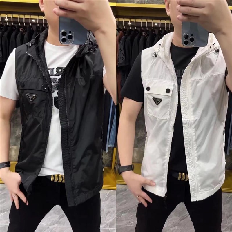 欧货夏季男士新款轻薄透气网连帽马甲外套黑色百P搭运动男装00819