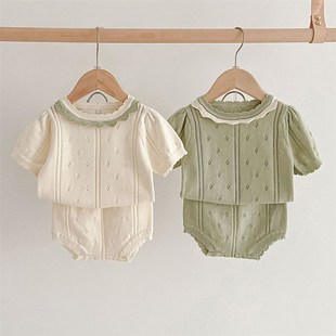 婴儿衣服洋气小套装镂空女宝宝分C体T恤外出服百天周岁礼服夏季