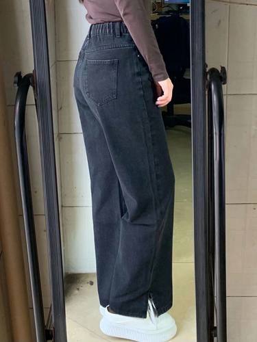 300斤特大码胖mm高腰宽松开叉阔腿牛仔裤女松紧腰显瘦直筒长裤子