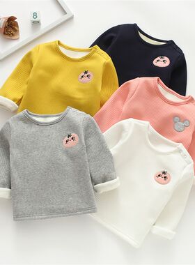 男女宝宝秋冬加绒保暖打底衫长y袖上衣婴幼儿外穿纯棉t恤圆领休闲