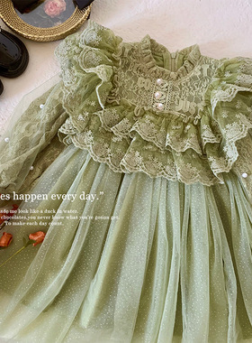 韩版绿色童装女童秋季洋装2023新款拼L接网纱裙洋派宝宝公主裙