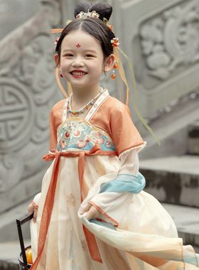 落霞汉服女童秋装2023齐胸披帛连衣裙中M秋节古装儿童襦裙唐装