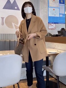 欧货双面羊绒大衣女小个子2021秋冬新款羊毛呢西装短外套宽松