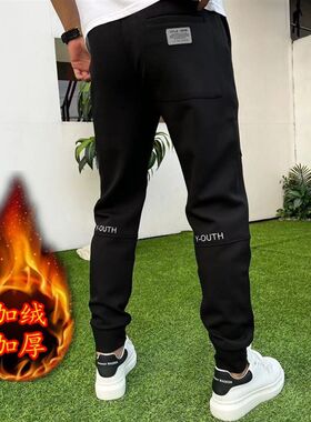 秋冬加绒分割休闲裤男士立体剪y裁贴标运动卫裤弹力时尚百搭束脚