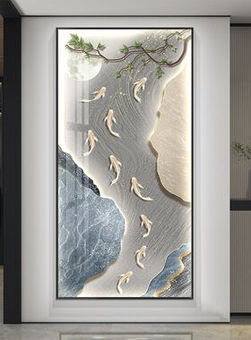 壁灯玄关九鱼图风水画客厅装饰画高档大气轻奢挂画走廊尽头灯光画