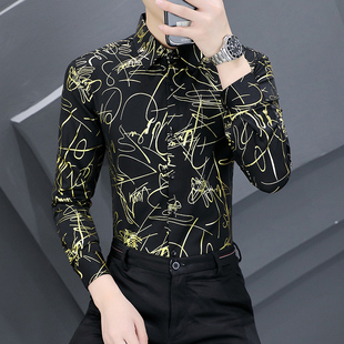 春秋季夜场长袖烫金花色衬衫男装潮流发型师韩R版修身男士休闲衬