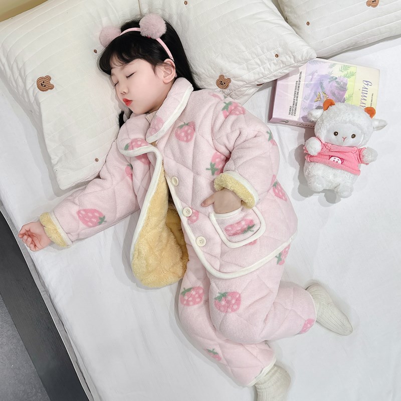 女童法兰绒睡衣冬季宝宝秋冬儿童洋气三层夹O棉加绒加厚家居服套
