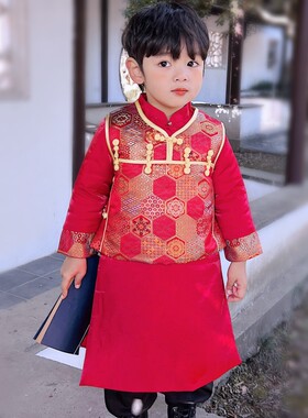儿童唐装男童中式长袍汉服套装棉衣宝宝演出礼服中小X童拜年服古