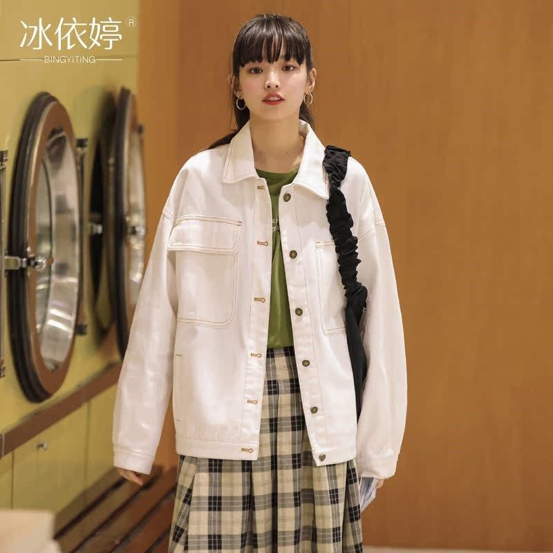 白色牛仔外套女宽松bf慵懒风春秋韩版百搭工装夹克设计感显瘦上衣