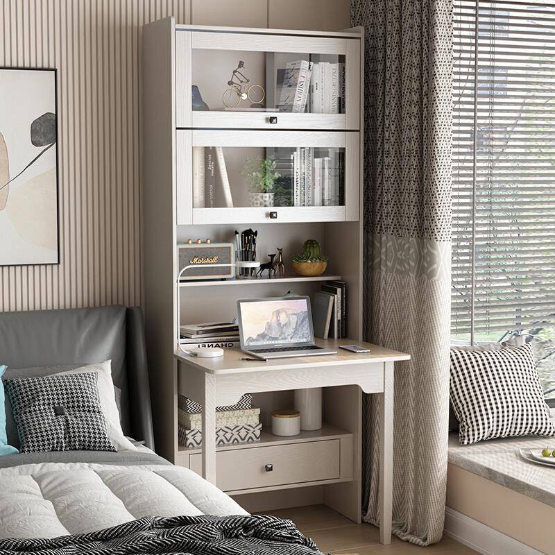 实木折叠书桌书柜一体约卧室桌书架床边转角连体书桌柜