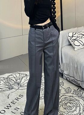2023欧货潮女裤高腰垂感西装长裤拼色直筒裤早秋裤子女休闲阔腿裤