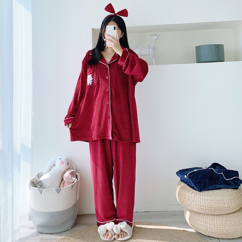 情侣加肥大码天鹅绒睡衣开衫宽松套装秋冬200斤海岛绒家居服男女
