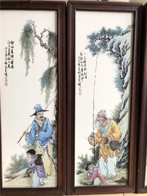 红木四副挂屏尺寸高53宽20厘米1719渔樵耕读经典版瓷板画