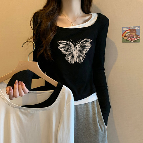 春季黑色美式复古正肩长袖t恤女内搭显瘦上衣假两件内搭打底衫潮