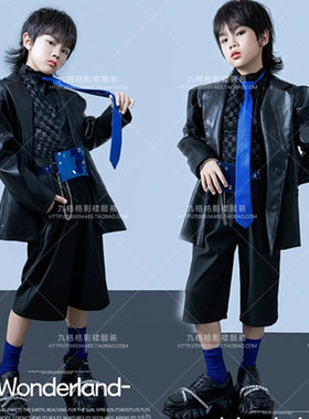 潮童皮衣走秀机车服模特演出服舞台比赛表L演服装儿童拍照写真男