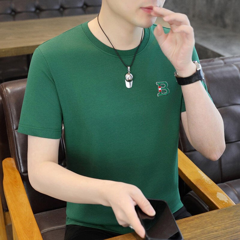 轻奢高端冰丝短袖t恤男夏季潮牌刺绣纯色M半袖体恤衫男款大码上衣