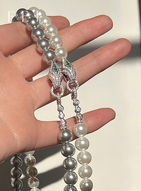 银色灵蛇澳白珍珠项链8mm轻奢颈链锁骨链2025新款镶钻配饰女气质