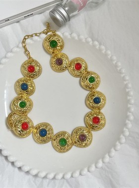 复古圆形项链i套装彩色拼接圆环毛衣链潮锁骨链