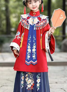 女童汉服c儿童礼服华服明制云肩摄影表演服装大红色民族重工艺亲