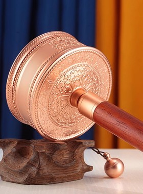 藏式纯铜红铜实木手摇转轮手持转动浮雕铜材手摇转筒家居随身摆件