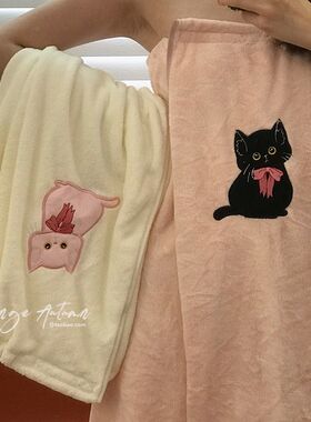 可爱魔术贴浴巾女小众q黑粉色猫咪可裹浴裙比纯棉吸水速干可穿裹