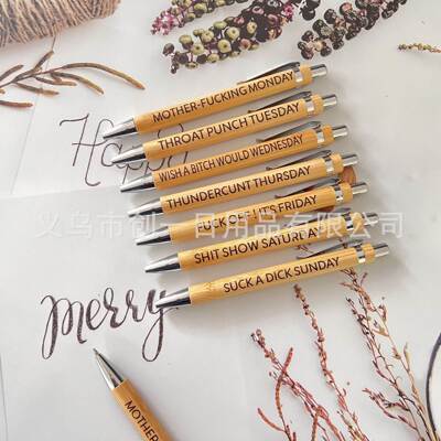 7pcs funny pens有趣的星期笔 新款7支竹子笔按动圆珠笔 木纹笔