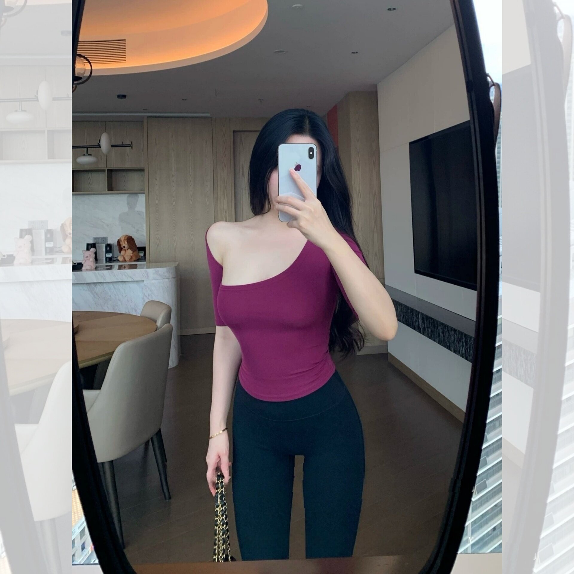 【御姐穿搭】又A又飒* 纯欲不规则领斜肩短袖T恤女秋修身显瘦上衣