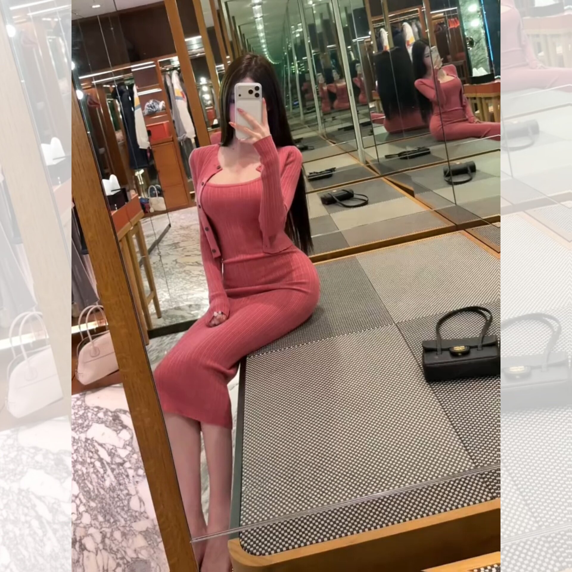 秋冬御姐风针织开衫吊带裙两件套图片