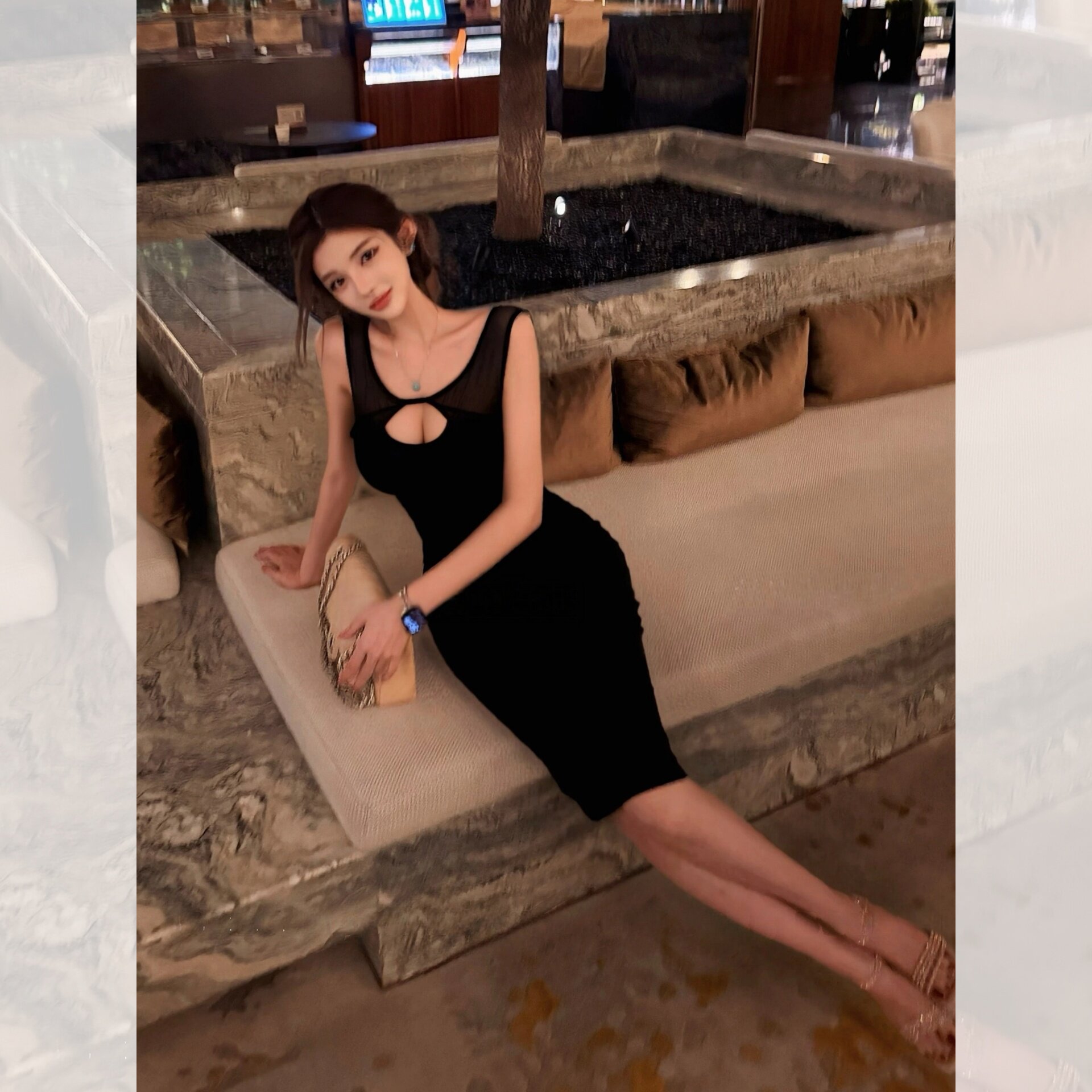 夜宴设计*法式性感千金带胸垫镂空蕾丝连衣裙女秋收腰显瘦包臀裙