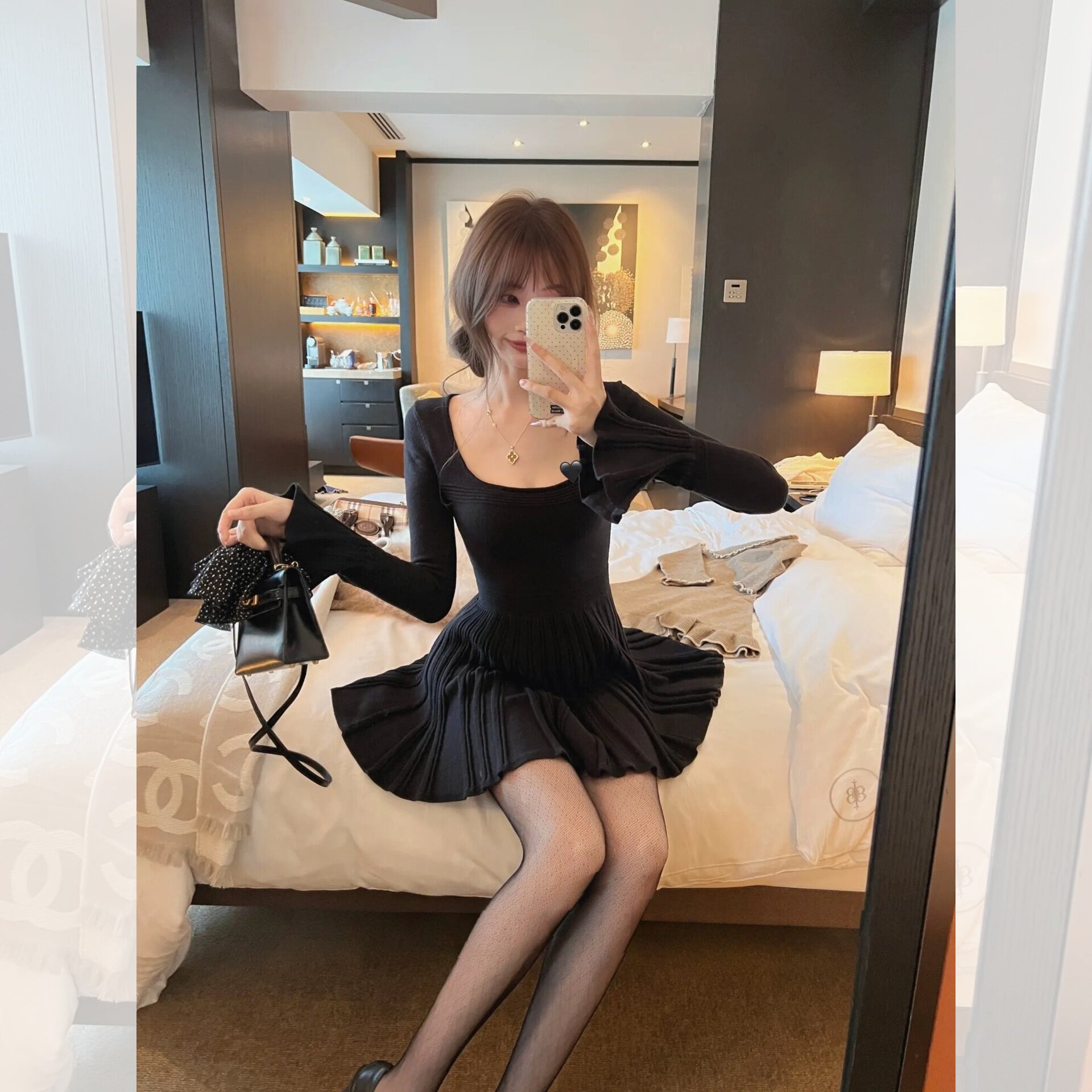 扑面少女感* 法式喇叭袖长袖针织连衣裙女秋季弹力收腰针织连衣裙