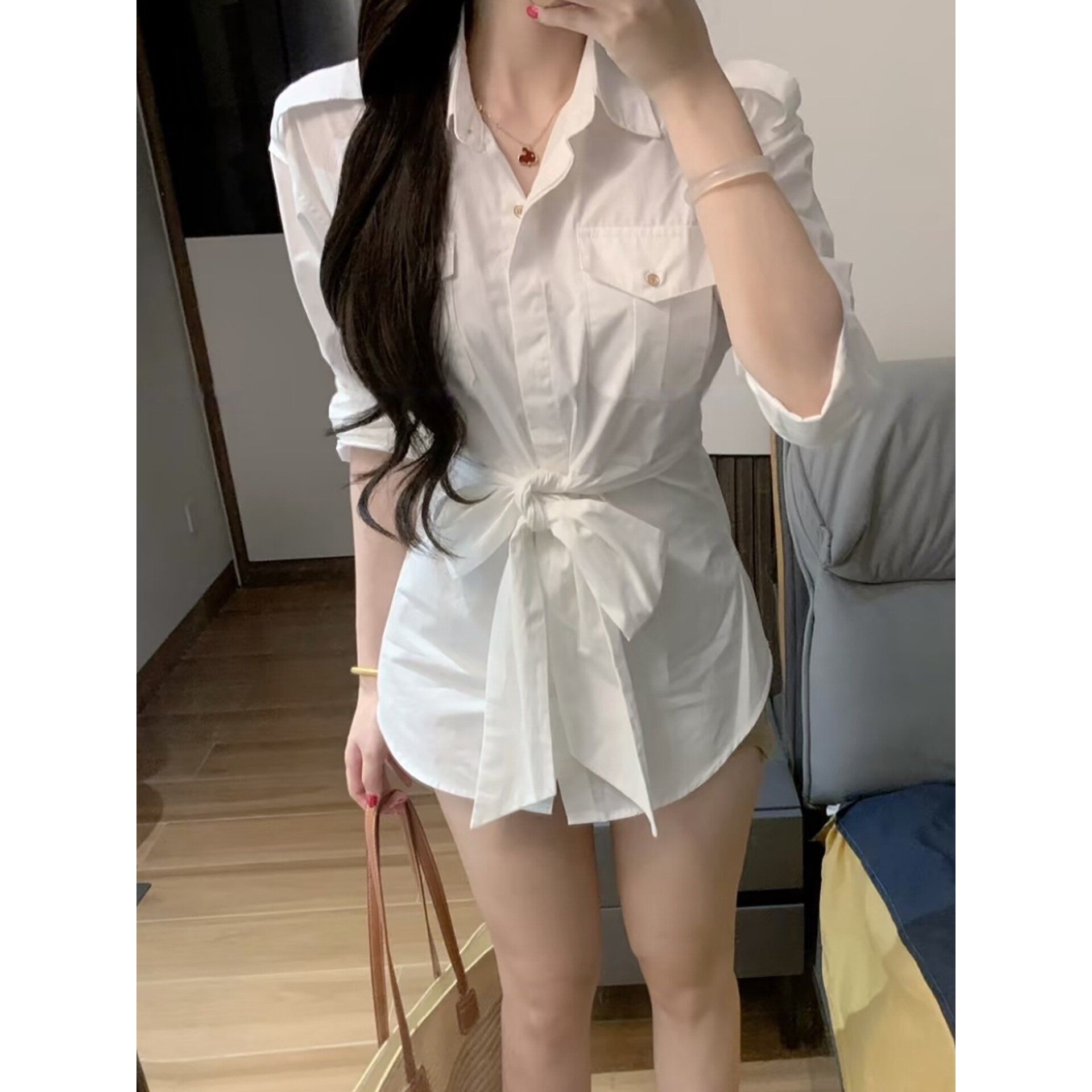 韩系纯棉绑带收腰长袖衬衫女图片