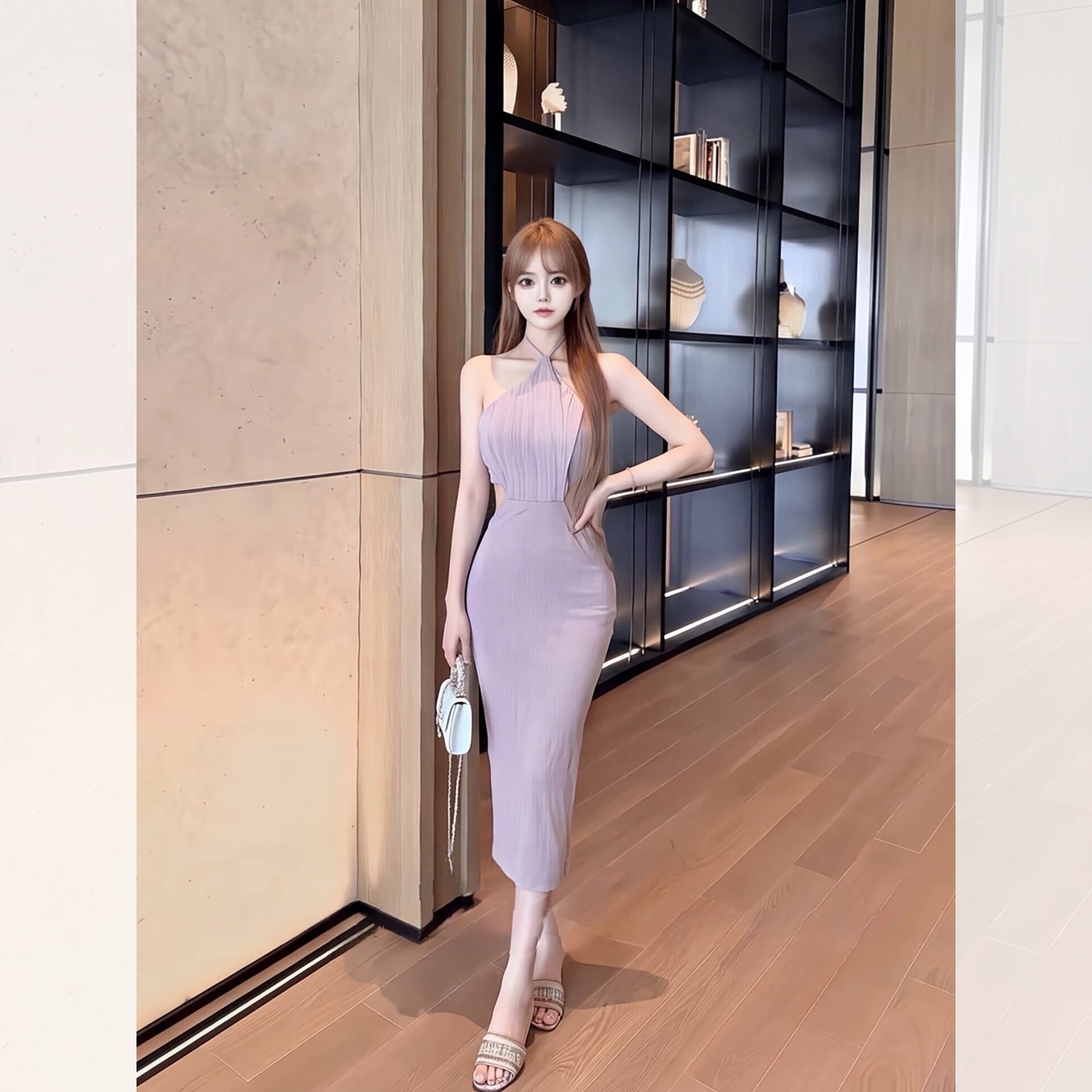 气质挂脖修身连衣裙女夏设计感露背包臀勾勒曲线显瘦纯欲辣妹风