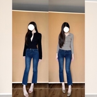 丰胯设计感~刺绣九分微喇叭裤女秋不规则剪边裤脚中腰弹力牛仔裤