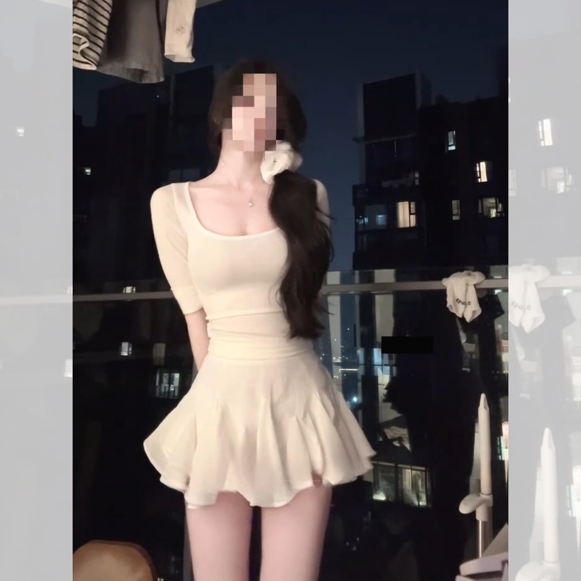 温柔简约方领中袖修身套装搭配高腰不规则半裙轻盈透气女生夏日游