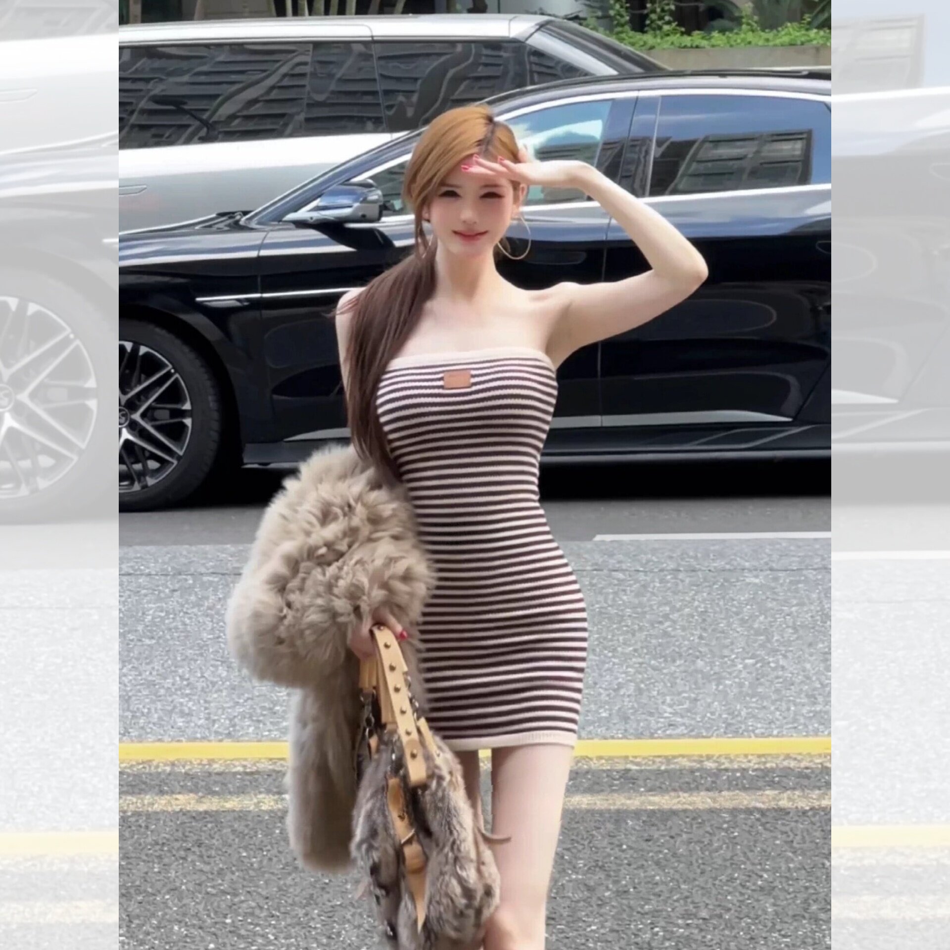 【亚比玩家】韩系百搭纯欲辣妹风条纹连衣裙女修身显瘦抹胸包臀裙